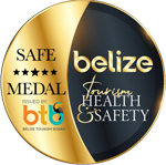 This image is a medal labeled "SAFE MEDAL" issued by the Belize Tourism Board, featuring health and safety for tourism in Belize.