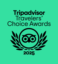 Tripadvisor Travelers' Choice Awards logo for 2025, featuring an owl symbol within a laurel wreath on a green background.