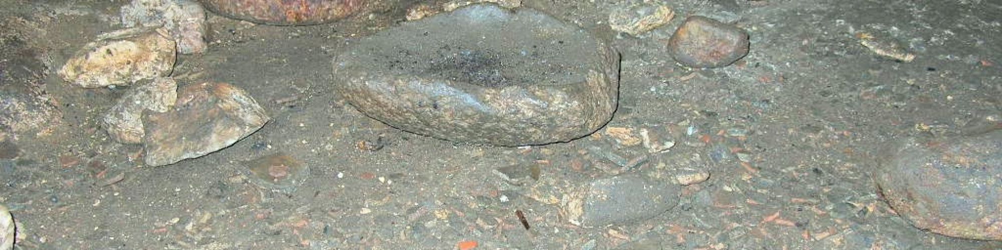 The image shows a rocky ground with various stones and rocks of different sizes scattered around. The background features a wall or rock formation.