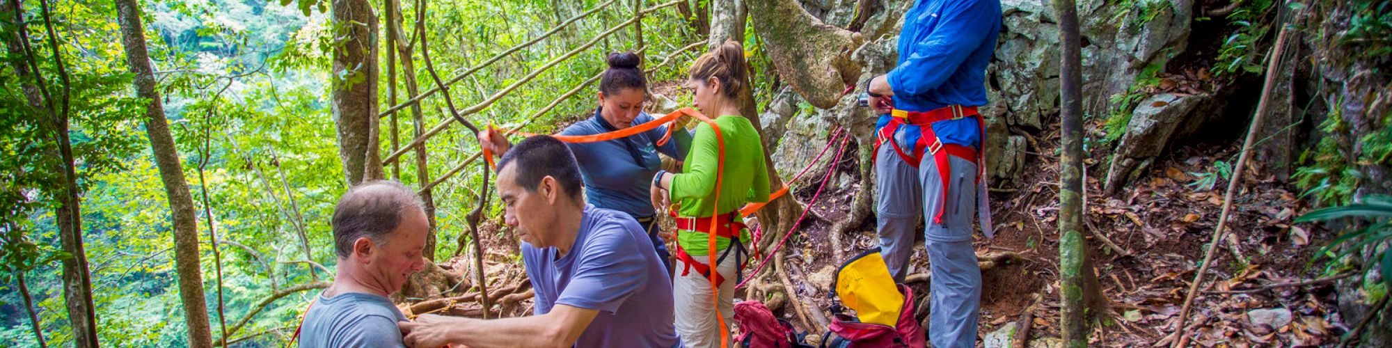 A group of people in harnesses are preparing for an outdoor adventure in a forest, possibly a zip-lining or climbing activity.