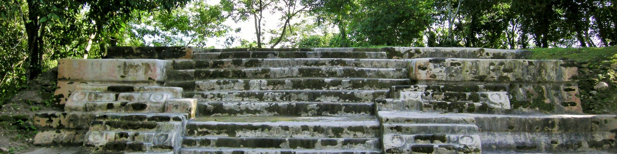 The image depicts an ancient stone structure with several steps, surrounded by lush green trees and vegetation under a clear sky.