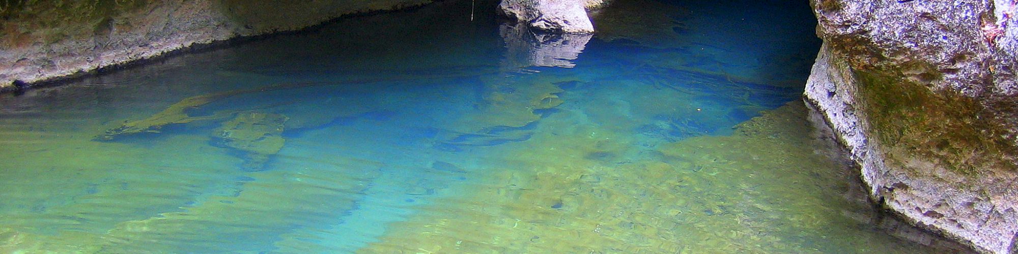 The image shows a clear, blue-green freshwater pool at the entrance of a cave, surrounded by rocky formations and partial vegetation.