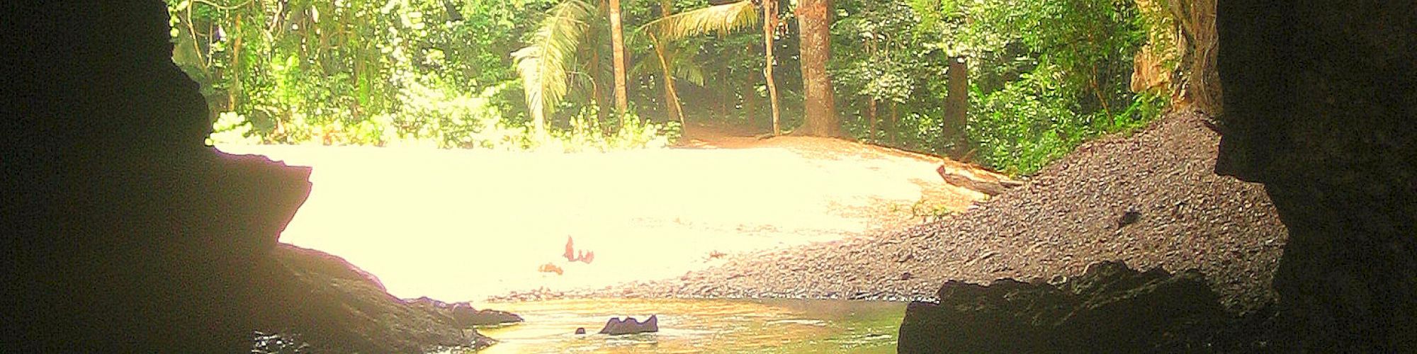 A view from inside a cave showing an opening to a bright, lush forest area with a stream or river running through the cave.