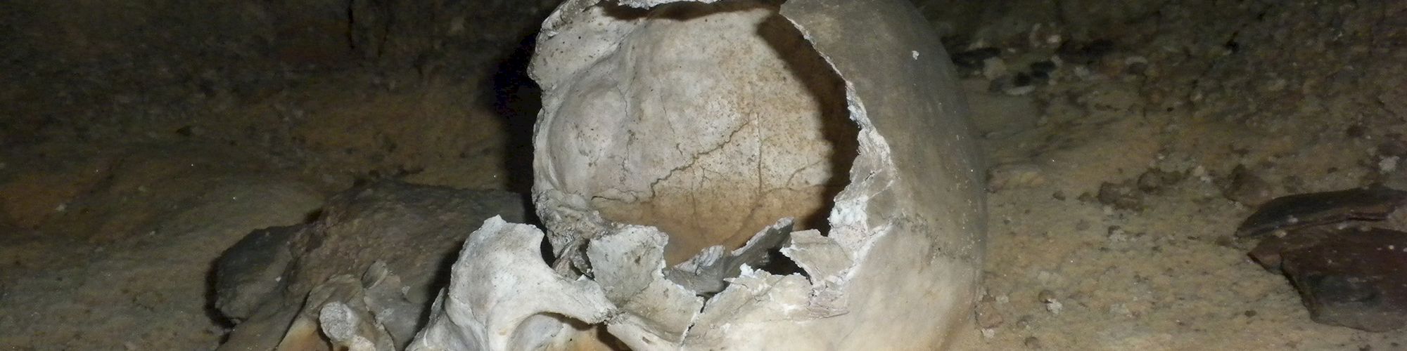 A broken and weathered human skull lies on a dirt surface in what appears to be a cave or underground environment.