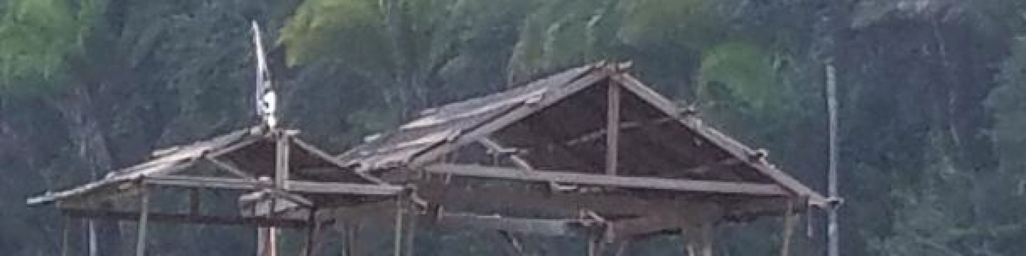 A group of people on a floating house-like structure in a body of water, surrounded by trees and greenery.