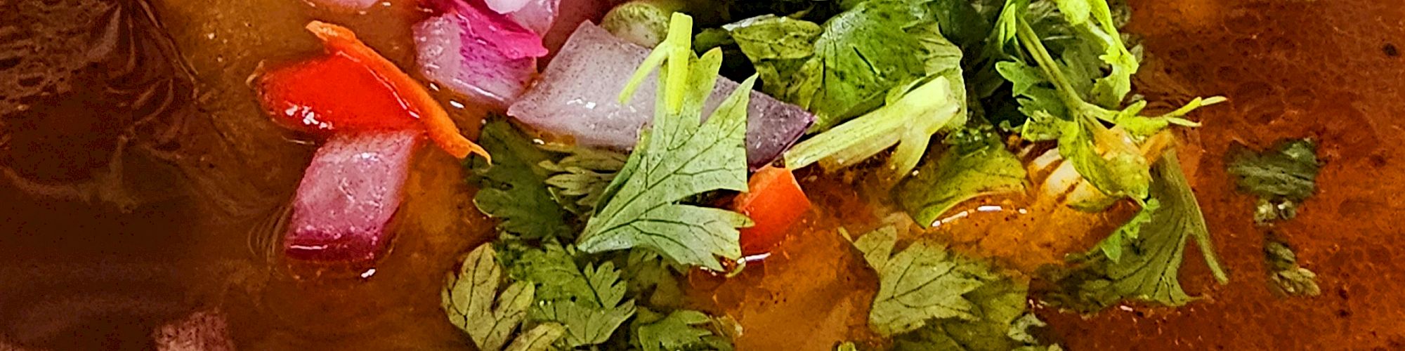 A bowl of soup with a bone piece, topped with chopped onions, cilantro, and peppers. The background has a colorful textile pattern.