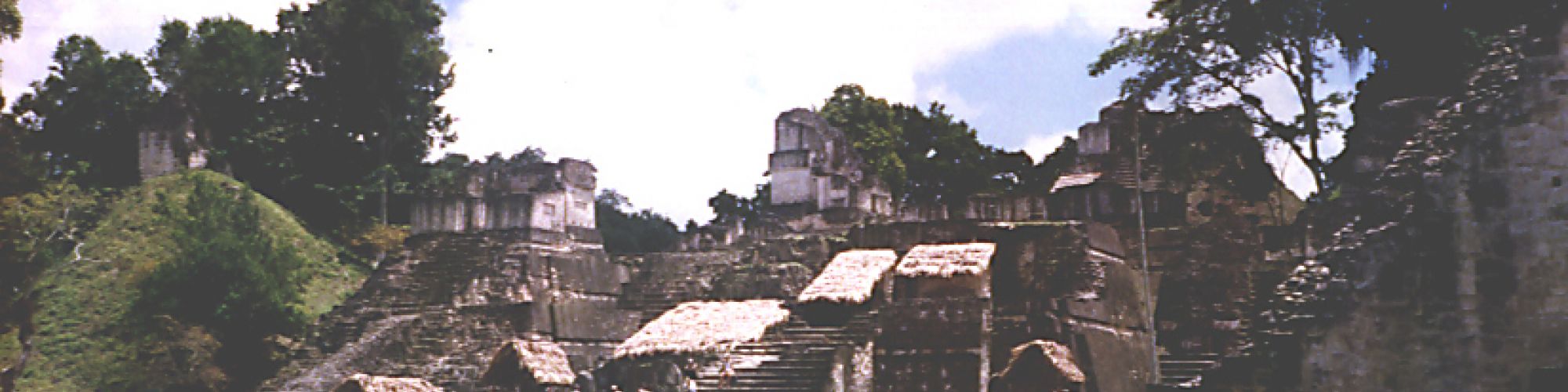 This image shows ancient stone ruins with steep steps, surrounded by trees and grassy areas with people in the foreground.