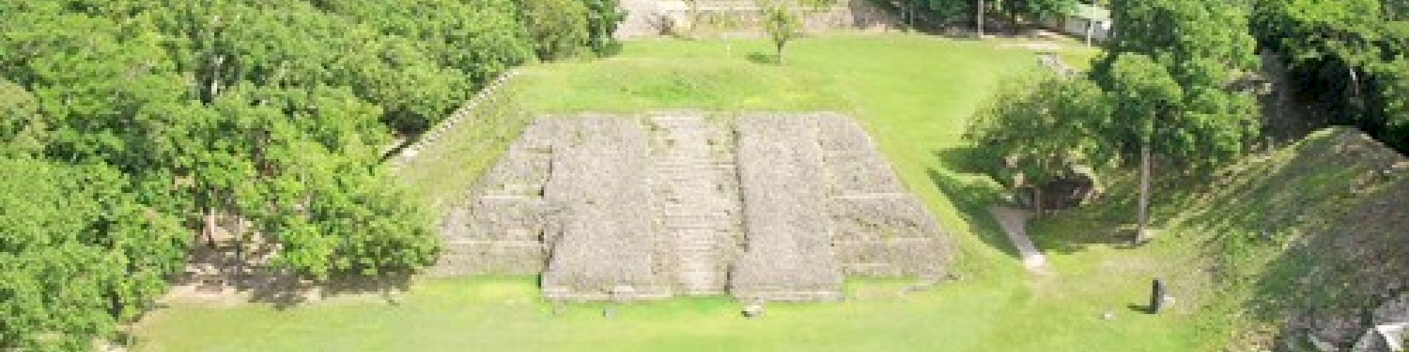 An ancient ruin complex surrounded by lush green trees and dense forest with rectangular stone structures at the center of a grassy area.