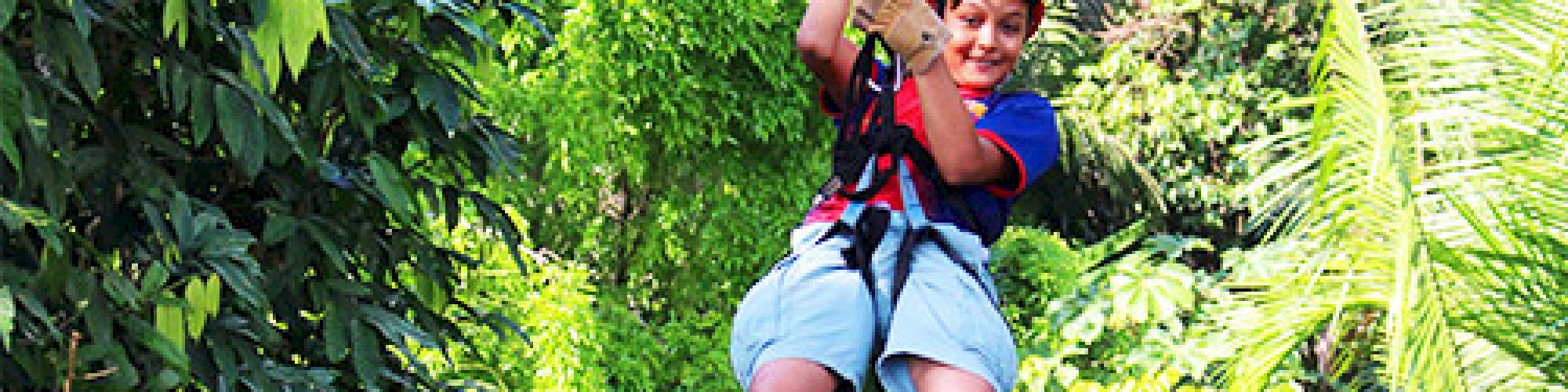 A person is zip-lining through a lush, green forest area wearing a helmet and safety harness, enjoying an outdoor adventure.