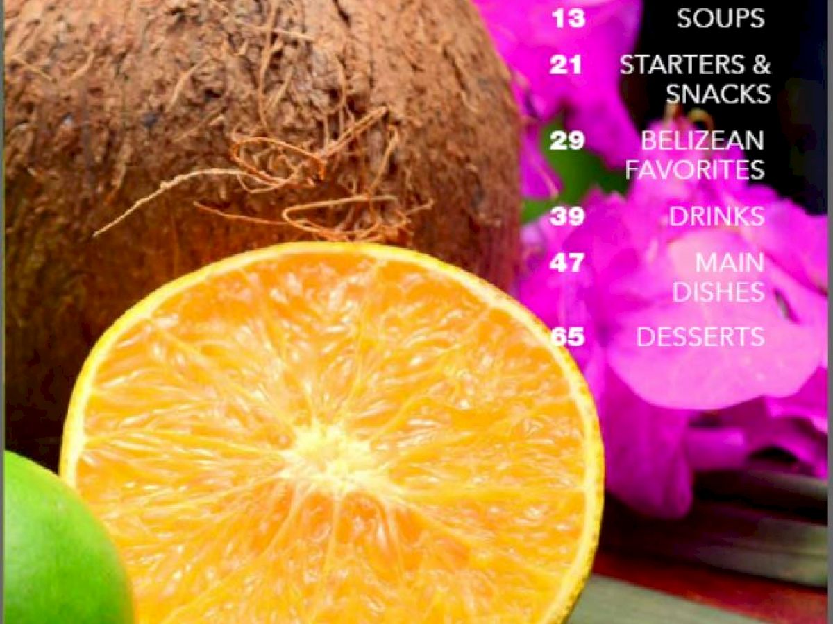 Image of a table of contents with tropical fruits and flowers. Sections include breakfast, soups, starters & snacks, Belizean favorites, drinks, main dishes, and desserts.