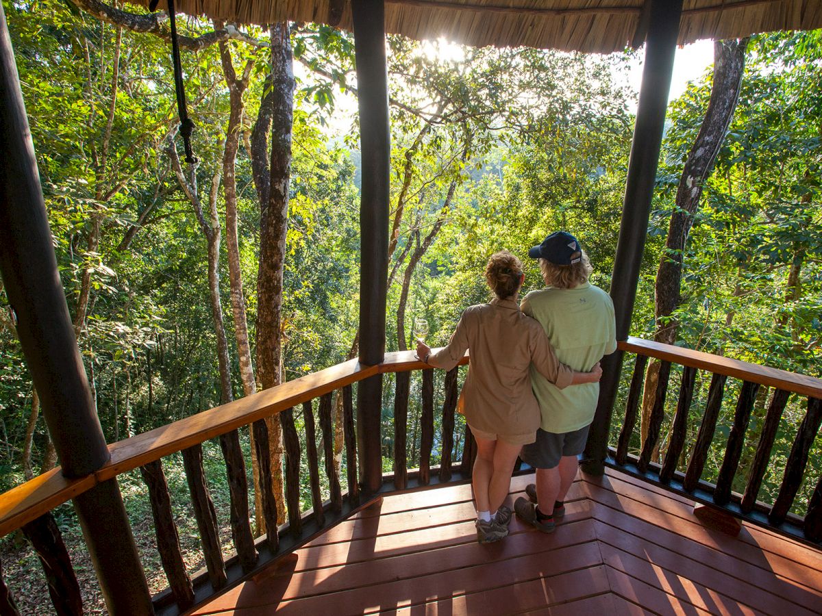 A couple stands on a wooden balcony overlooking a lush, sunlit forest, embracing each other while enjoying the serene nature surrounding them.