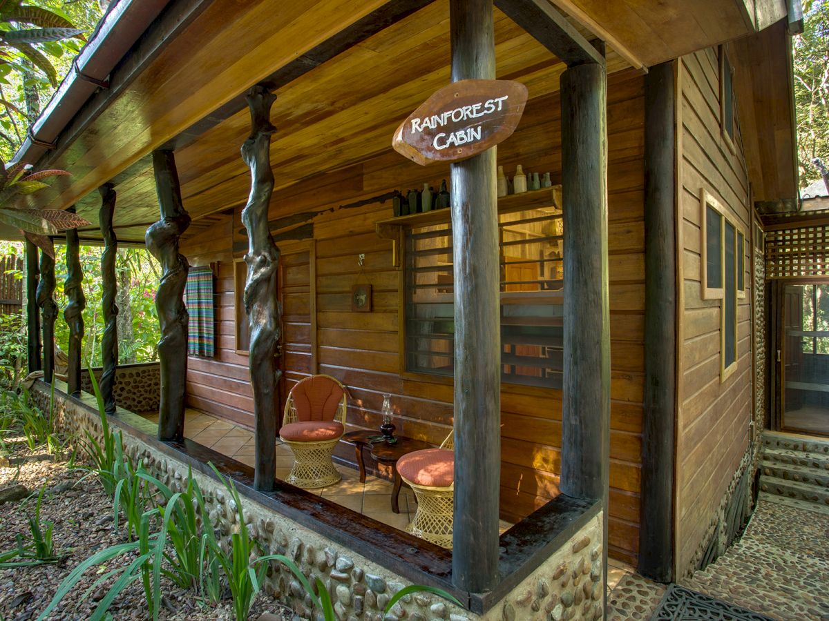 A rustic wooden cabin labeled 