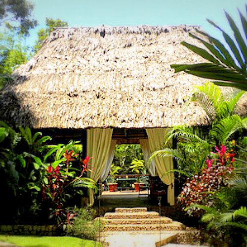 A thatched-roof hut surrounded by lush, tropical vegetation and colorful flowers with steps leading up to it and draped curtains inside.
