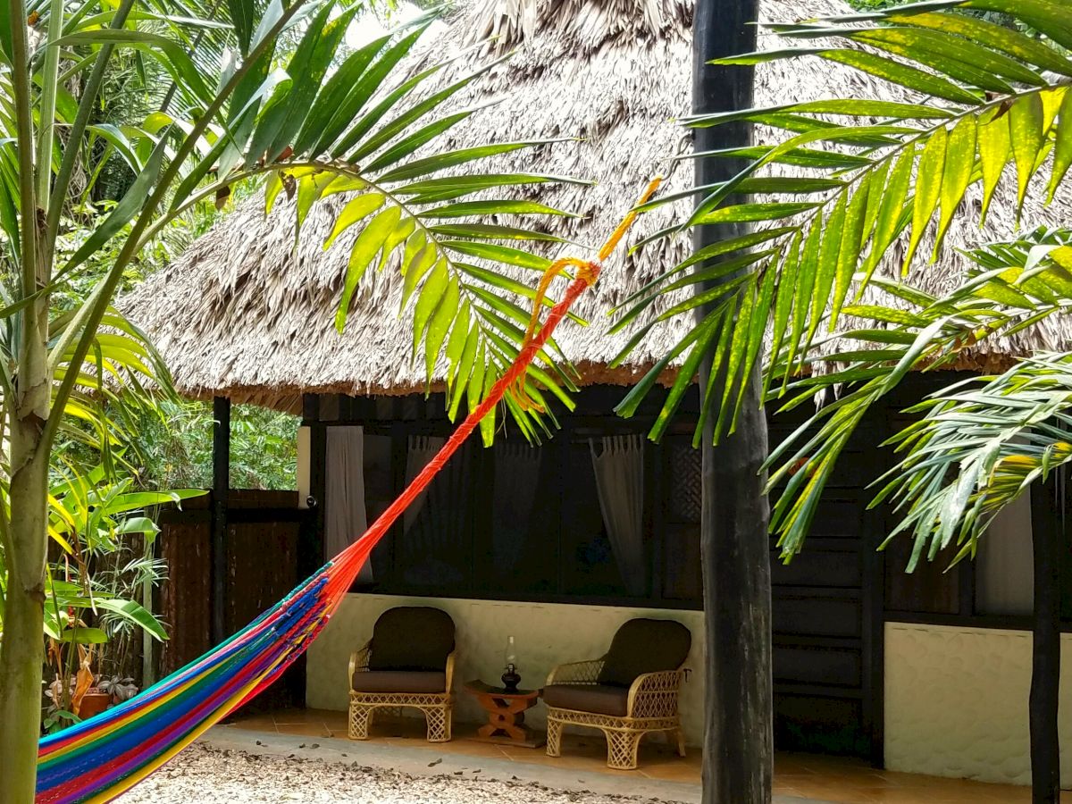 A tropical setting with a hammock, wicker furniture, and a thatched-roof building surrounded by lush greenery.