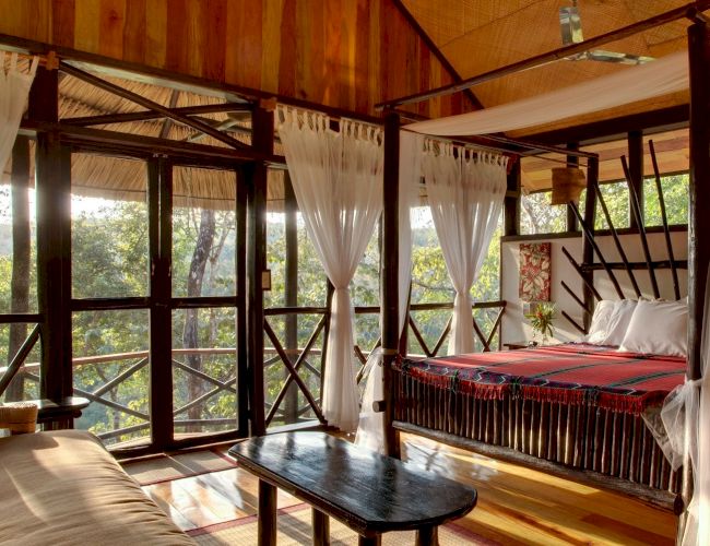 The image shows a cozy, rustic bedroom with a canopy bed, wooden furniture, large windows, white curtains, and a forest view outside.