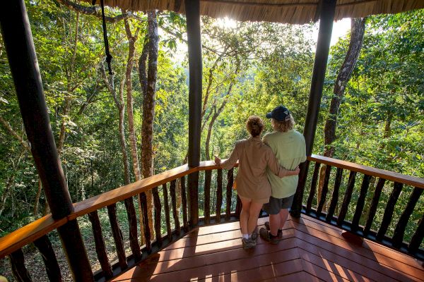 Two people stand arm in arm on a wooden deck overlooking a lush forest, with sunlight peeking through the trees.