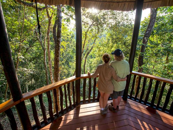 Two people stand arm in arm on a wooden deck overlooking a lush forest, with sunlight peeking through the trees.