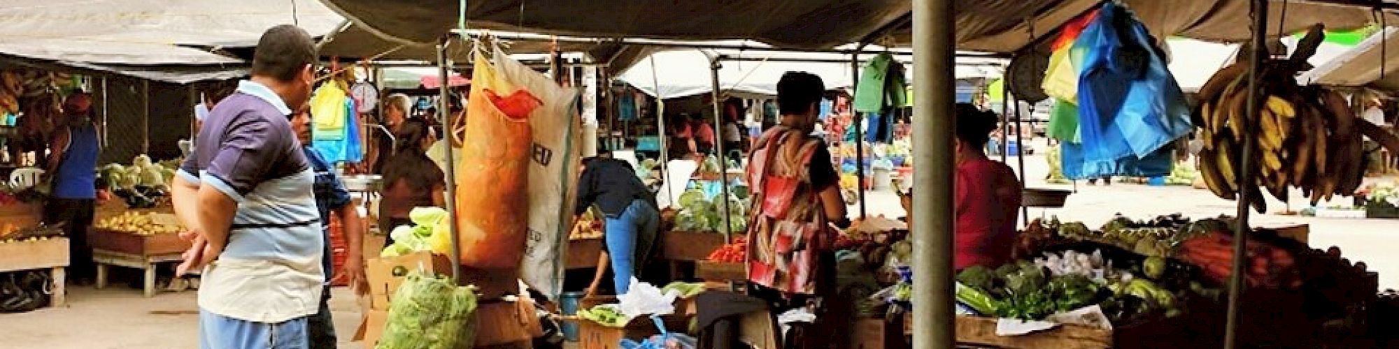 People shopping at an outdoor market with various stalls selling fruits, vegetables, and other produce.