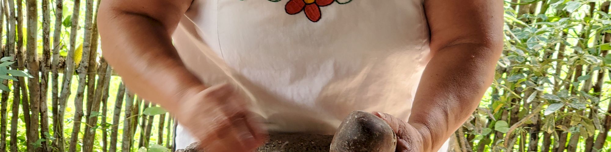 A woman wearing an embroidered blouse is grinding corn using a traditional stone tool, possibly a metate, outdoors with a bamboo background.