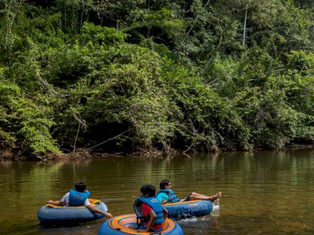 Three individuals are floating in a river on inflatable rafts surrounded by lush greenery in a forest setting.